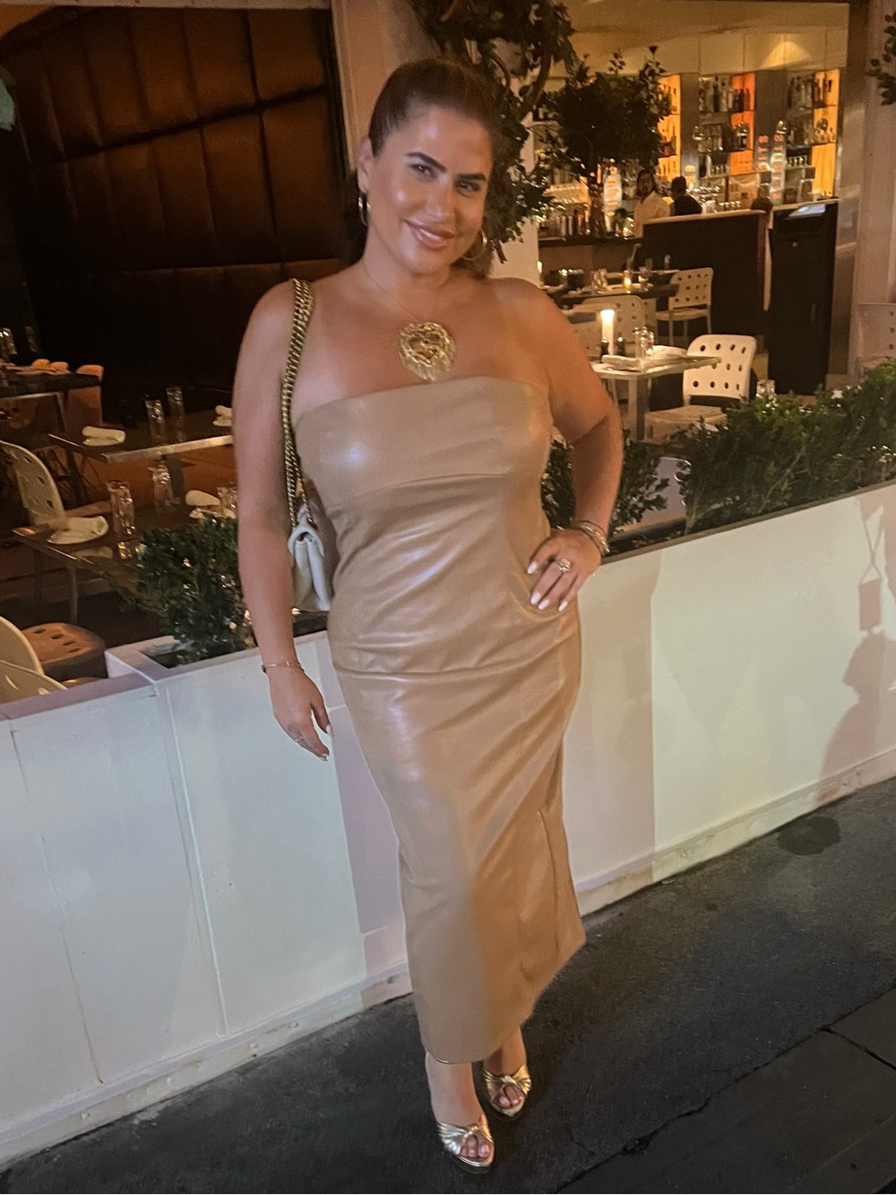 Fashion Nova Strapless Tan Faux-Leather Midi Dress